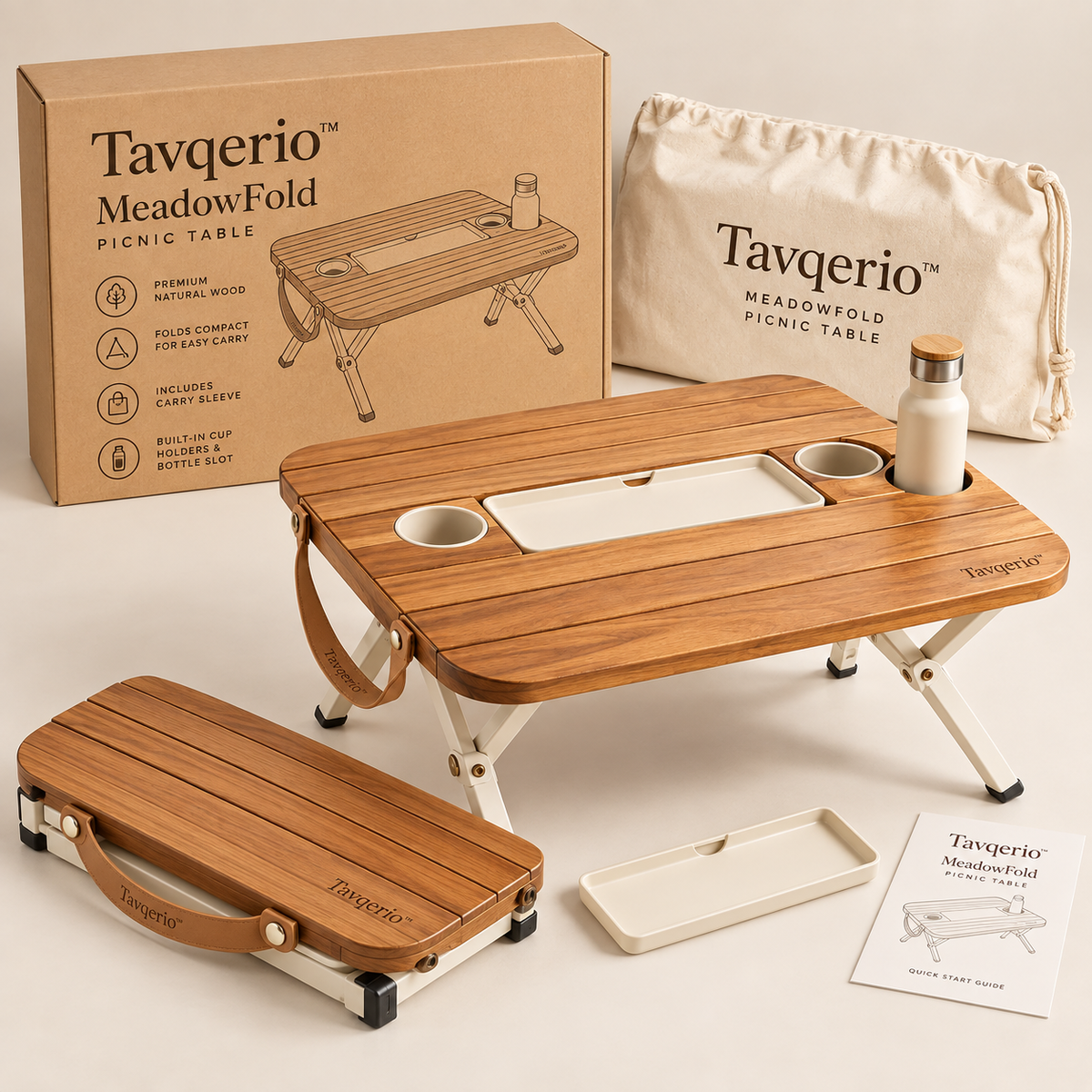 Tavqerio™ MeadowFold Picnic Table  Portable Folding Picnic Table with Removable Serving Tray & Integrated Drink Holders