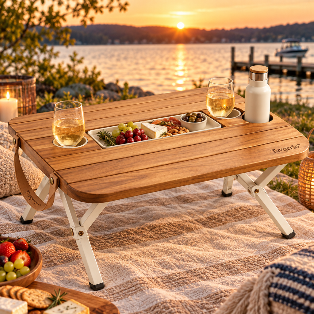 Tavqerio™ MeadowFold Picnic Table  Portable Folding Picnic Table with Removable Serving Tray & Integrated Drink Holders