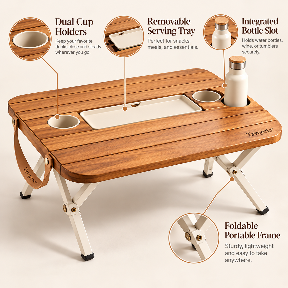 Tavqerio™ MeadowFold Picnic Table  Portable Folding Picnic Table with Removable Serving Tray & Integrated Drink Holders